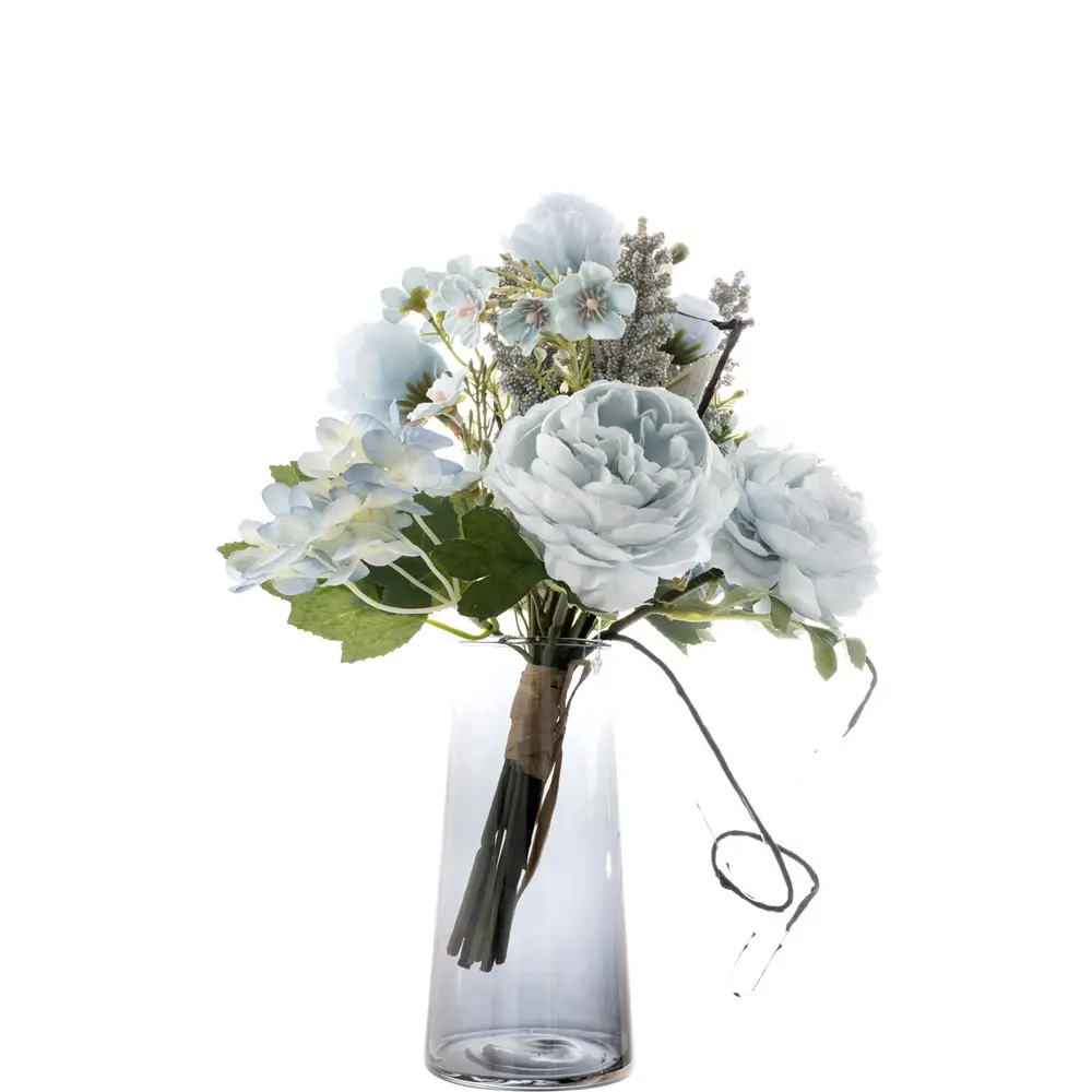 27 सेमी नया हल्का नीला कृत्रिम फूल गुलदस्ता चाय गुलाब रैनुनकुलस हाइड्रेंजिया नई डिजाइन शादी की आपूर्ति