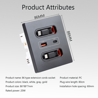 Prise murale USB rétractable multifonctionnelle 20W à charge rapide pour téléphone portable, prise universelle USB type C en verre pour la maison et l'hôtel