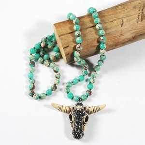Moda estilo bohemio 8mm emperador piedra con cuentas largo anudado collar Rhinestone Bull Head colgante accesorios para occidental - Product Image 5