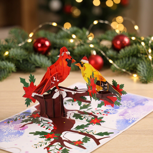 Tarjeta de felicitación navideña 3D hecha a mano de Viet-craft con pájaros, cardenales y poinsettias, tarjetas pop navideñas con colores y tamaños personalizados - Product Image 1