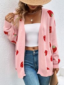 Cardigan pour <span class=keywords><strong>femme</strong></span> à motif fraises, côtelé, pour tous les jours, polyvalent, style décontracté, <span class=keywords><strong>pull</strong></span> tricoté - Product Image 3