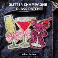 Patch brodé thermocollant en tissu sergé, avec paillettes, sequins et motifs verre à champagne, cocktail, nœud, citron, thé, bière, pour casquette de camionneur