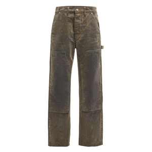 Jean en denim floqué bronze vieilli de haute qualité sur mesure pour homme, coupe slim délavée, avec double genouillère, style charpentier - Product Image 2