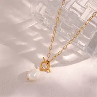 14K Gold-Finish Unregelmäßige Barocke Tropfenperle Umschaltbarer Verschluss Edelstahl Mode-Kettenhalskette