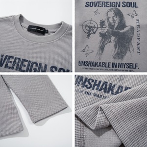 Camiseta de Manga Larga Estilo Americano Vintage con Estampado de Retrato, Tejido Waffle, 35% Algodón, 65% Poliéster, Unisex, Streetwear, Desgastada - Product Image 4