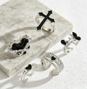 925 Sterling <b>Silver</b> Black Enamel Open <b>Ring</b> <b>Set</b> Heart Cross Anchor Claw Setting Unisex Gift Jewelry - Product Image 3