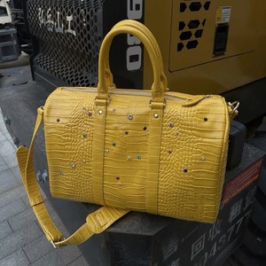 Yellow Crocodile Texture Boston Bag With Rhinestones Unisex Tote For Travel And Leisure - Product Image 5