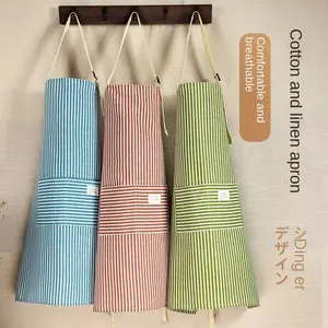 Celemek rami katun bergaris celemek Jepang rumah tangga untuk membersihkan memasak memanggang dengan saku besar lucu celemek overall wanita