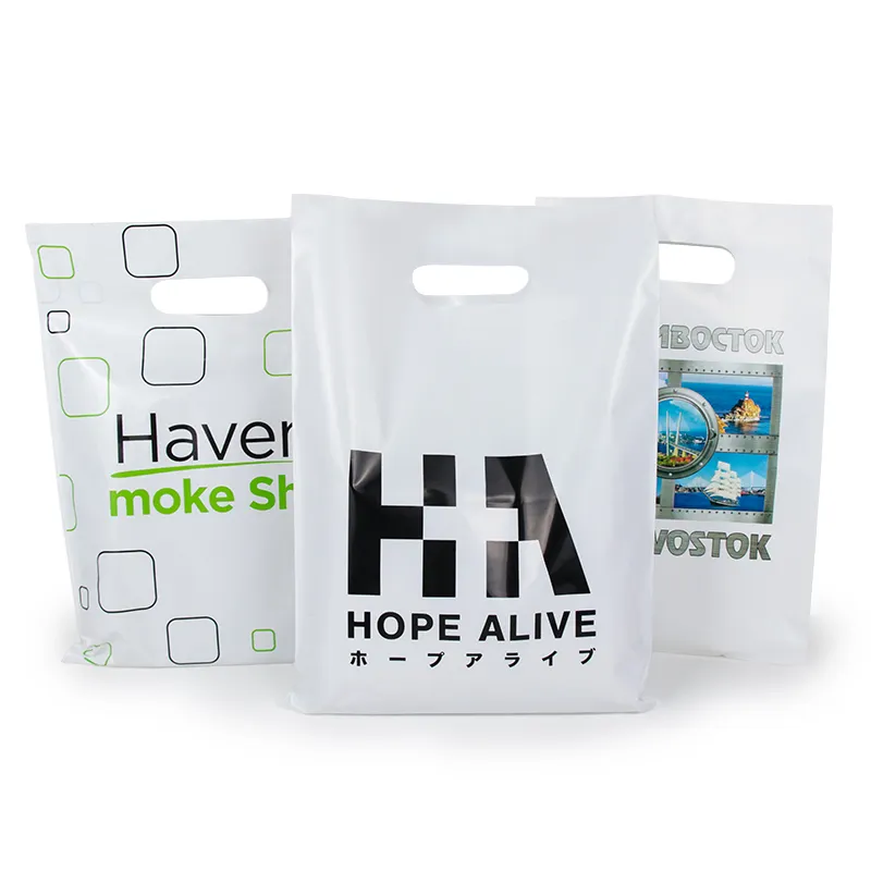 Özel baskılı Logo kişiselleştirilmiş HDPE LDPE mal geri dönüştürülebilir teşekkür ederim kalıp kesim plastik alışveriş saplı çanta