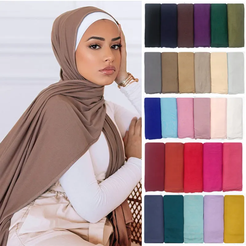 Các Nhà Sản Xuất Kho Rắn Màu Bông Jersey Mercerized Bông Phương Thức Mềm Mại Khăn Trùm Đầu Khăn Quàng Cổ 28 Màu Hijab