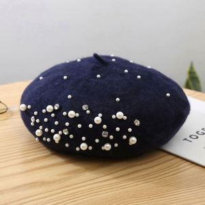 Hot Sale Winter Bling Stones Solid Color <b>Wool</b> Woman Beret With Pearls - Product Image 2