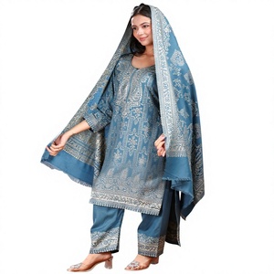 Salwar Kameez de lana azul para mujer con estampado a mano, corte holgado, largo hasta el tobillo, ropa informal tradicional india y pakistaní - Product Image 5