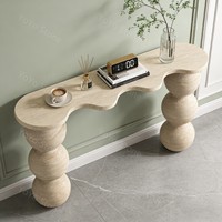 Table console moderne en travertin beige clair avec pieds sphériques - Meubles en pierre naturelle pour cuisine et salon