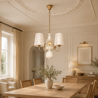 Lustre vintage en laiton finition vieillie, 3 lumières, abat-jour en tissu, luminaire suspendu pour salon