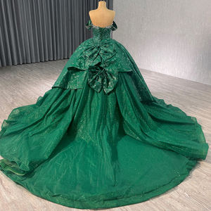 Gaun Quinceanera Hijau Tua Model Ball Gown Kristal Off-Shoulder Panjang Menyentuh Lantai Gaun <span class=keywords><strong>Prom</strong></span> Rsm241043-2 - Product Image 3