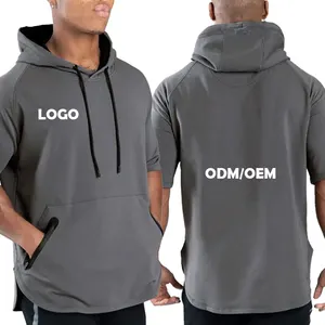 Men's Oversize Short Sleeve Casual Sweatshirts Solid Color T-shirts with Hooded Sport Fitness Hoodies
