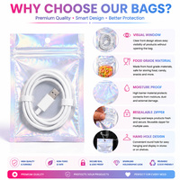 Op maat gemaakte holografische Mylar zakjes, snackfolie zakjes, 3-zijdig verzegelde, hersluitbare plastic zakjes, ziplock zakjes, BPA-vrij, snoepverpakkingen, OEM