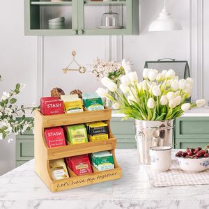 Estante de almacenamiento para bolsas de café de bambú, organizador de bolsas de azúcar y té para oficina, estante de exhibición de accesorios para cápsulas de café K-cup para escritorio. - Product Image 2