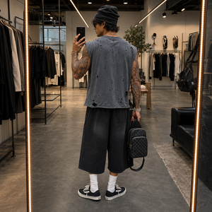 Camisetas sin mangas OEM para hombre, estilo urbano, con efecto desgastado, rotos, estampados, lavado ácido, <span class=keywords><strong>de</strong></span> algodón - Product Image 2