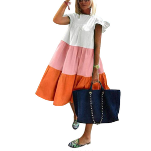 Abiti Casual da Donna Taglie Forti S-3XL con Scollo <span class=keywords><strong>a</strong></span> <span class=keywords><strong>O</strong></span>, Maniche Corte, Patchwork e Nappe, Vestiti Larghi - Product Image 1