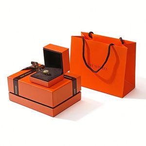 OEM <b>Orange</b> Cardboard Jewelry and Cosmetic Gift Packaging Boxes with Ribbon <b>Paper</b> Material Custom Logo - Product Image 1