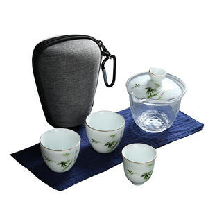 Service à thé de voyage moderne et écologique, portable, en verre et céramique, bol avec couvercle, tasse japonaise express, 350 ml, une théière, trois tasses, cadeau, hôtels - Product Image 5