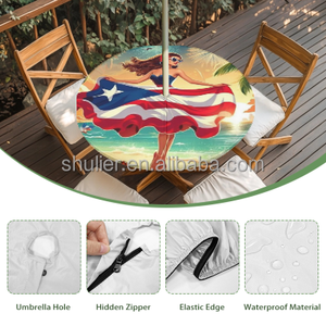 Custom Puerto Rico Flag Waterproof Zippered Cover Outdoor <strong>Round</strong> <strong>Tablecloth</strong> with Umbrella <strong>Wipeable</strong> Fabric Table Cloth - Product Image 5