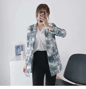 Delle donne Dell'annata Delle Donne della Giacca Sportiva in Bianco e Nero Pittura A Inchiostro Tie-Tintura di Un Pulsante Tuta - Product Image 5