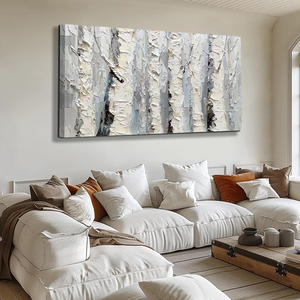 Textura abedul árbol pared arte bosque paisaje pintura al óleo sobre lienzo Horizontal blanco gris pintado a mano - Product Image 3