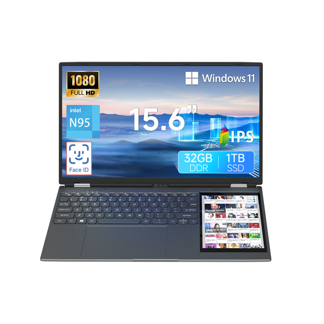 New 15.6-inch+7-inch Intel N95 Quad-core Processor 32GB Memory and 512GB SSD IPS Panel Dual-touchscreen Business Laptop Computer