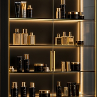 Vitrine de présentation de luxe noire et or avec éclairage LED et étagères en verre pour cosmétiques, idéale pour les boutiques de détail