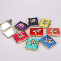 Miroir compact vintage en soie brodée de pivoines, miroir de poche double face portable, miroir cosmétique pour femmes, cadeau de maquillage
