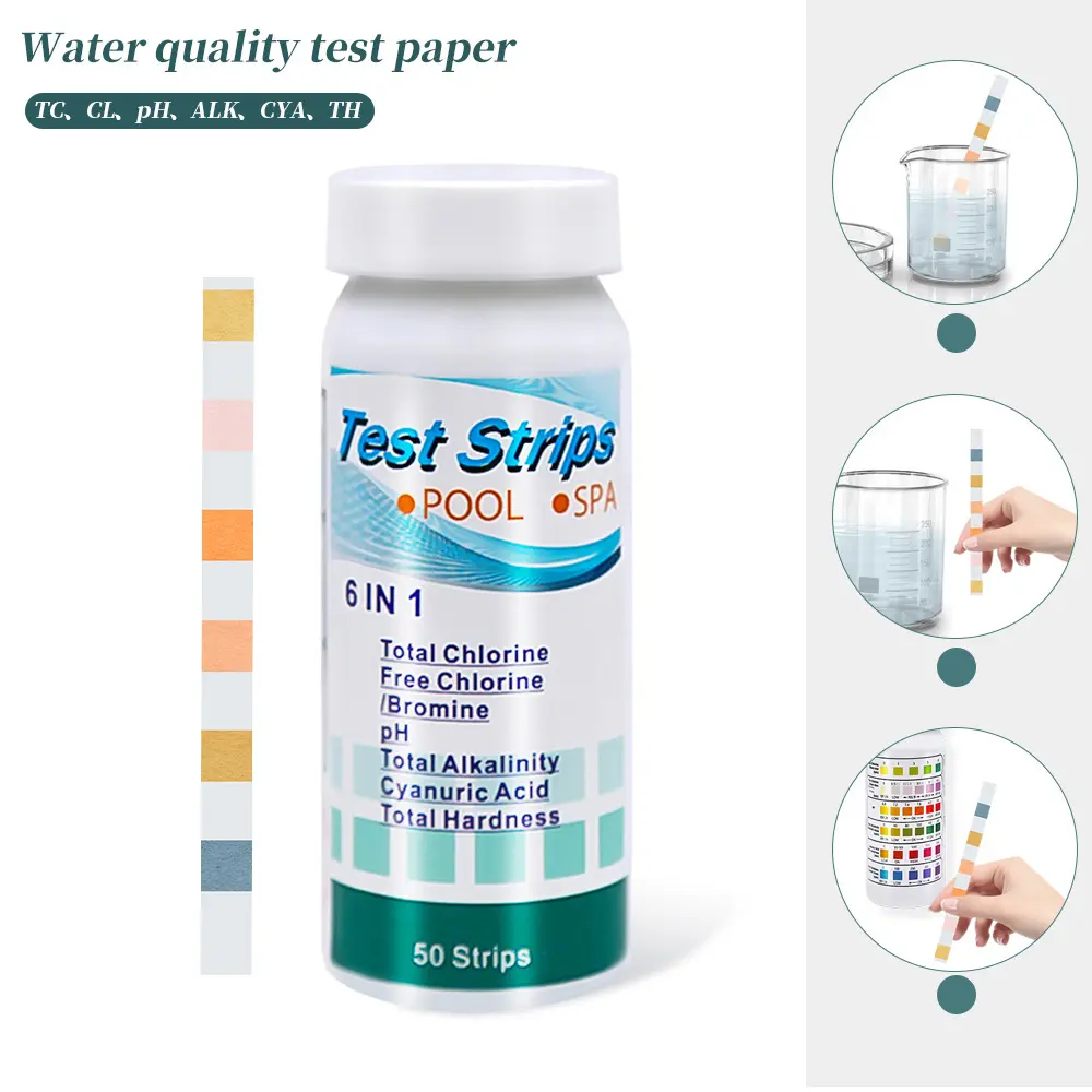 6 in 1 Chlorine Alkalinity Hardness Free Chlorine Cyanuric Aci Litmus Paper PH Test Strips PH Test Paper for Spa Pool