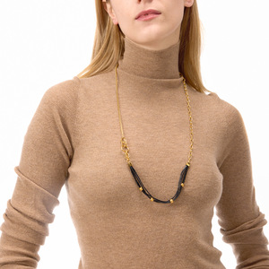 Stainless Steel Black Waxed <b>Rope</b> Necklace With Gold Beads For Women Autumn Winter Sweater Chain <b>Light</b> Luxury Jewelry - Product Image 2