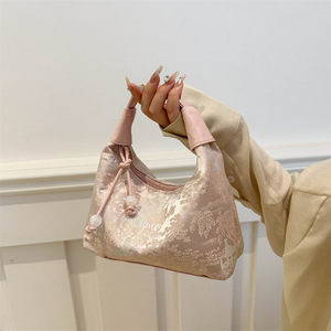Nuova Borsa a Secchiello Mezzaluna in Poliestere Stile Cinese Ricamata con Chiusura a Cerniera da Donna, Collezione Estiva 2025, Modello Niche Antico Portatile - Product Image 3