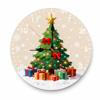 Horloge murale en bois de 25 cm, design arbre de Noël pour salon, horloge ronde imprimée UV