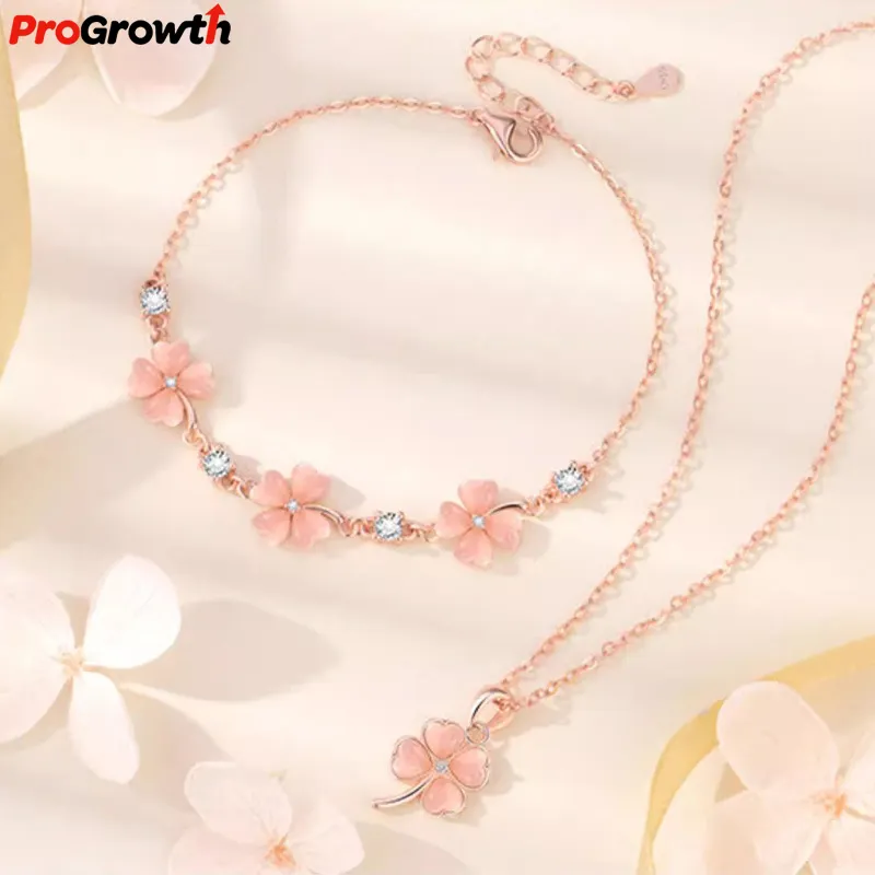 Bracciale di trifoglio di diamanti rosa con ciondolo di fiori di moda ragazza opale Set di gioielli da donna collana di fiori di pesco