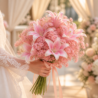 Karangan Bunga Campuran White Lily Baby Breath dengan Daun Rumput untuk Dekorasi Pernikahan, Bunga Artificial untuk Vas Rumah dan Rangkaian Meja