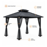 Pergola de jardin extérieure avec moustiquaire, double toit, grande pergola de jardin 8*10 pieds, gazebo en aluminium à toit rigide avec rideaux et moustiquaire