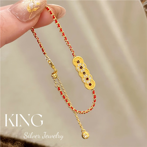 Bracelet Papillon en Argent S925 Plaqué Or avec Cinq Pièces de Monnaie Impériales et Corde Rouge, Style Chinois Rétro, Cadeau pour Femme, Bijoux King Silver - Product Image 2