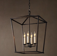 Lustre suspendu moderne en fer forgé noir, forme carrée, petite lanterne, 4 lumières, cage, pour la maison ou le bureau