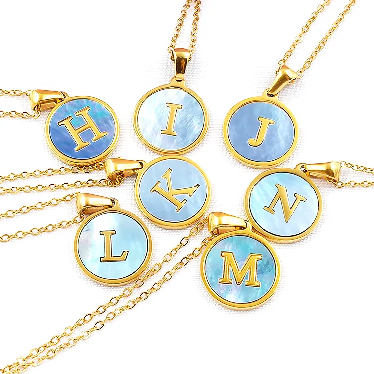 Tiktok Factory Supply Gold Initial Shell Coin A-Z Letter Pendant 18K Gold Plated Light Blue Shell Stainless Steel Necklace Chain