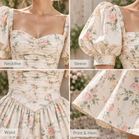 Mini-robe personnalisée pour femme, légère, en tissu tissé à imprimé floral, avec corsage froncé, manches bouffantes et jupe froncée coupe trapèze