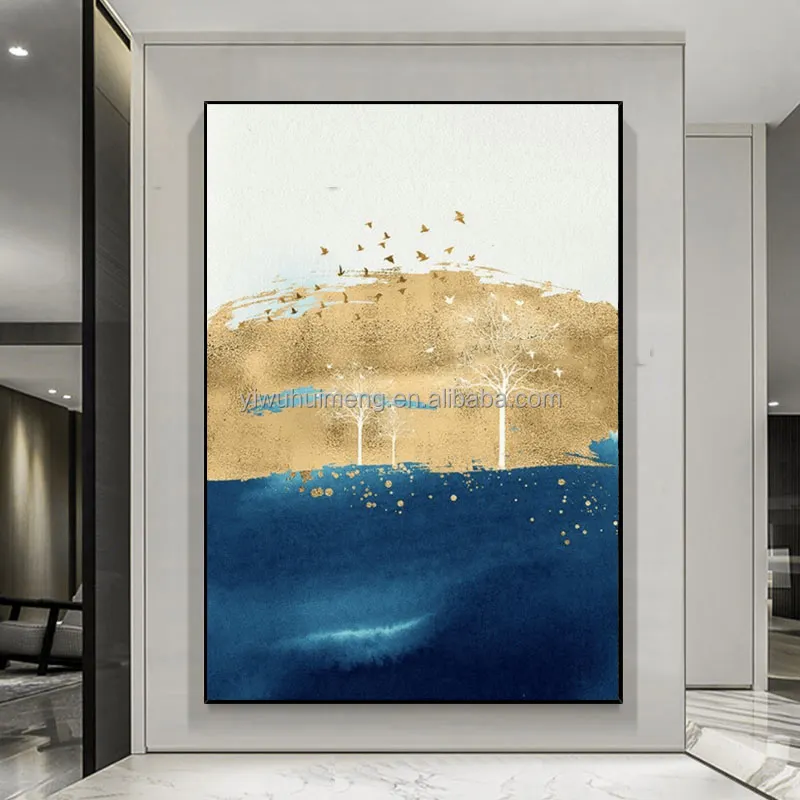 Imagem abstrata moderna pintada à mão, decoração de parede, pintura de folha de ouro em tela, para sala de estar, 100%