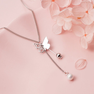 Collier papillon en argent S925 version coréenne pour femmes avec pompon long plaqué rhodium perle synthétique D6213 - Product Image 5