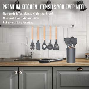 Lot de 33 ustensiles de cuisine personnalisés en silicone avec manche en bois, spatules mélangeuses antiadhésives pour batterie de cuisine - Product Image 3