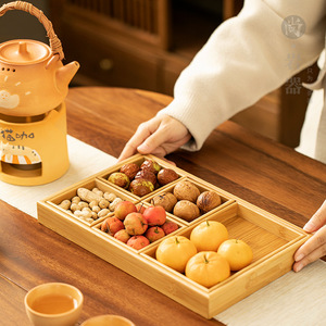 Juego de bandeja de bambú para té y aperitivos, 6 piezas, rectangular dividido, para mesa de comedor, caja de almacenamiento para frutas y dulces - Product Image 3