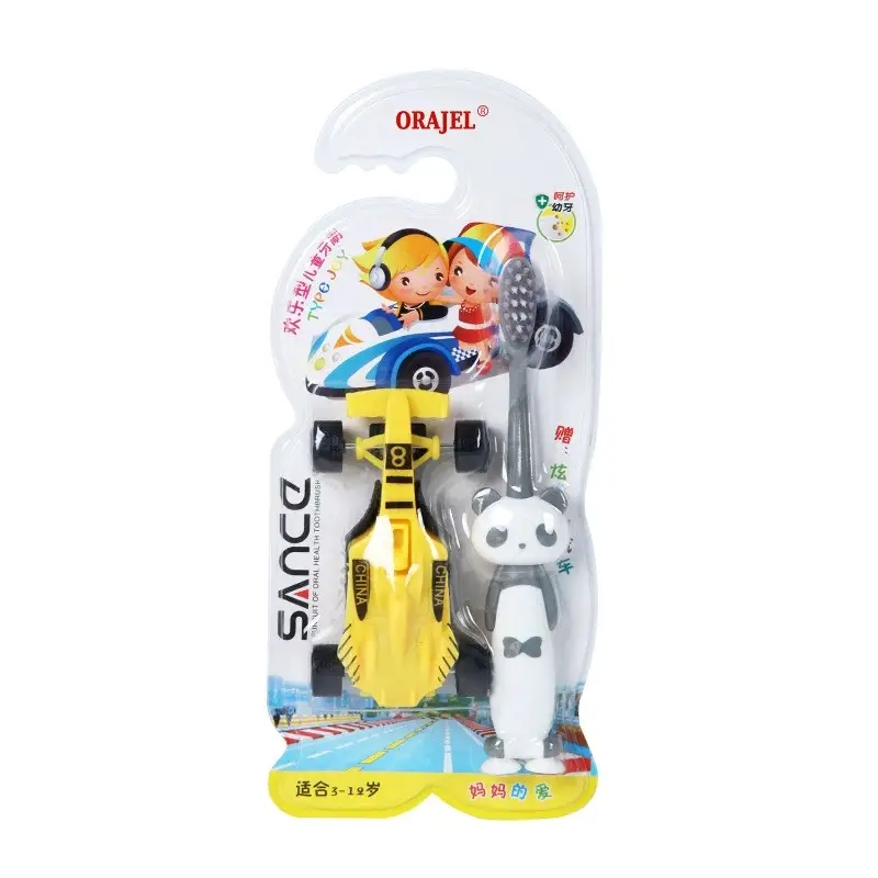 Escova de dentes infantil, escova de dentes de desenho animado panda com fórmula grátis carro crianças produto de limpeza dos dentes com brinquedo