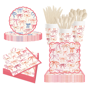 Platos, Vasos y Servilletas Desechables de Papel con Diseño de Nudo Rosa y Forma de Ola DAMAI, con Juego de Cubiertos para Fiestas de Niñas - Product Image 2