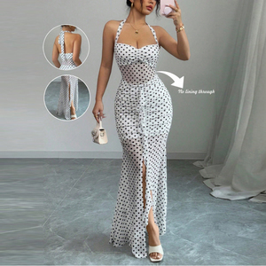 Robe élégante à bretelles spaghetti, dos nu, imprimé numérique à pois, en nylon et élasthanne 40D, taille froncée avec cordon de serrage, coupe sirène pour femme - Product Image 1
